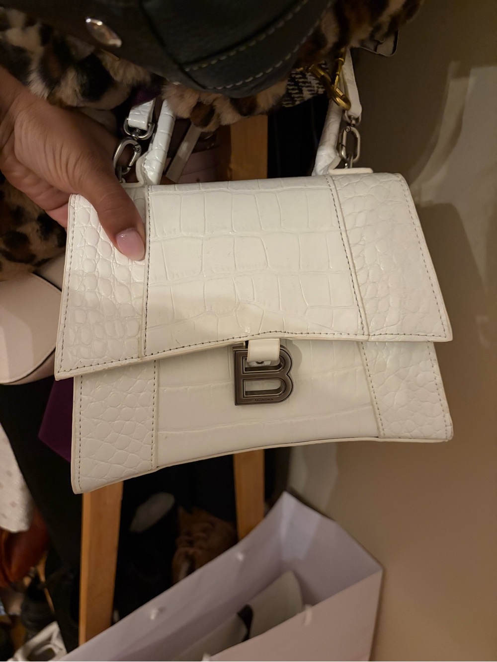 Balenciaga White Croc-Embossed Hourglass Crossbody Bag
